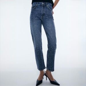 Zara Rhinestone Straight Leg Jeans High Rise Blue Denim Size XS / 24